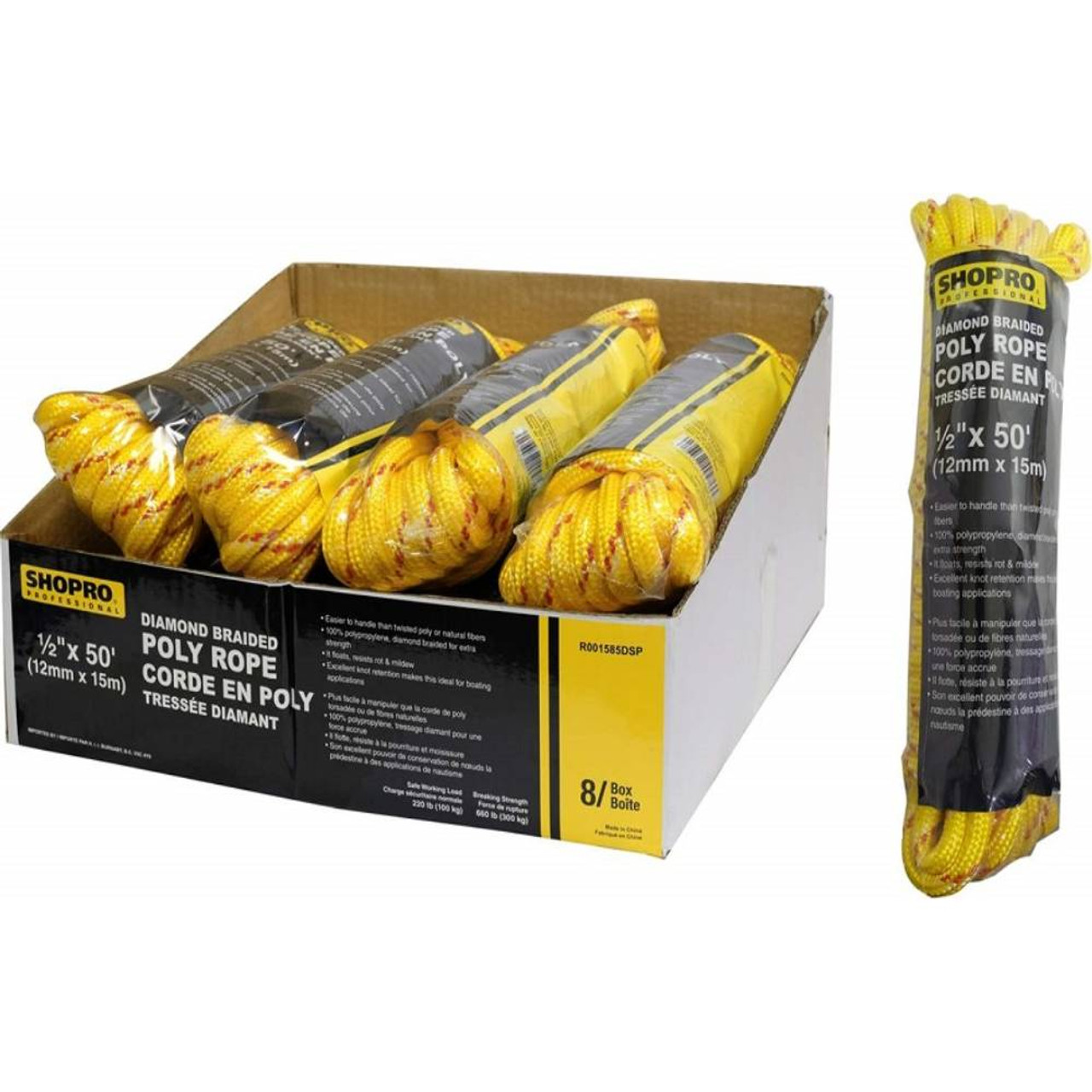 SHOPRO R001585DSP 1/2in X 50' Diamond Braided Poly Rope