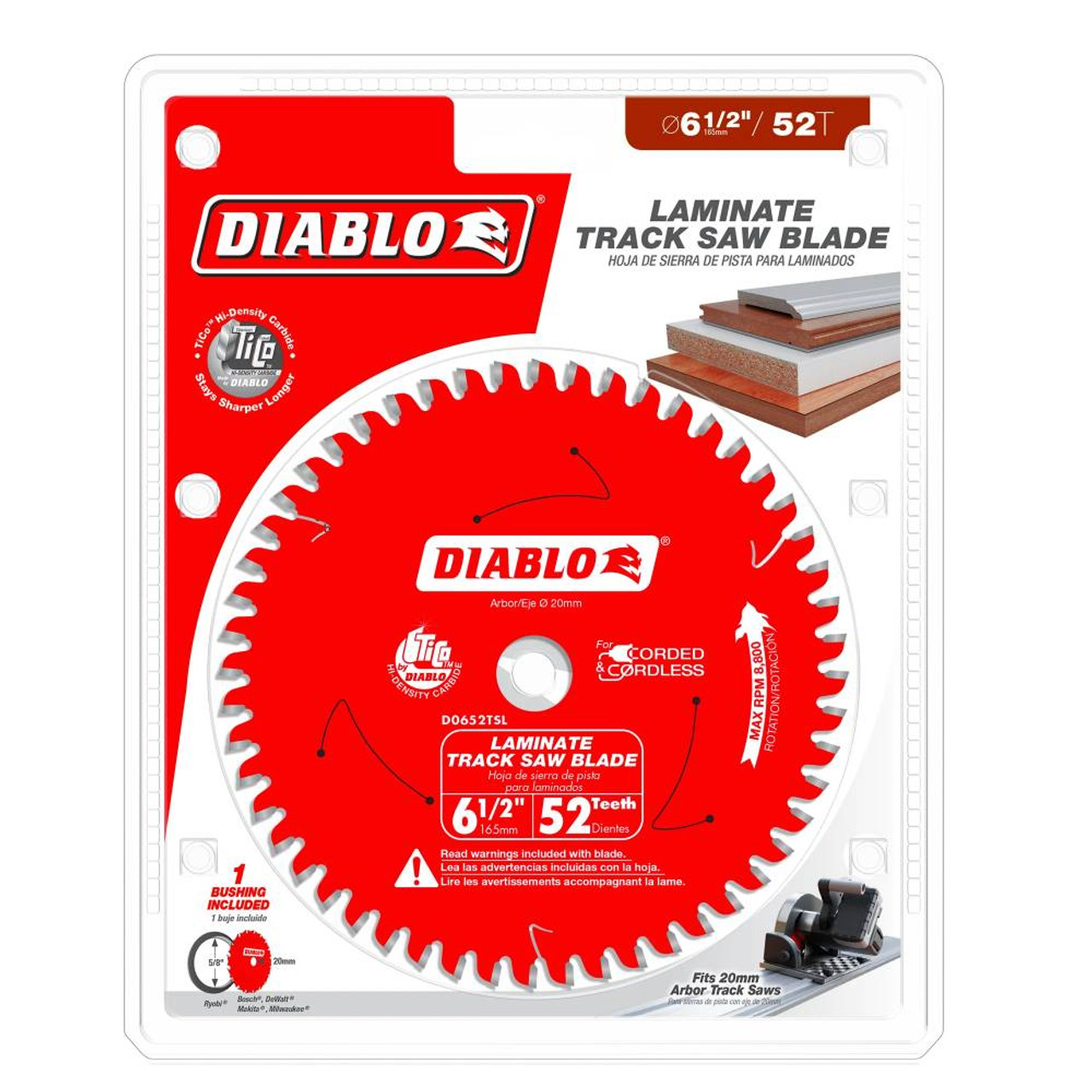 Diablo D0652TSL 6-1/2in 52T Track Saw Blade for Laminate showing in packaging