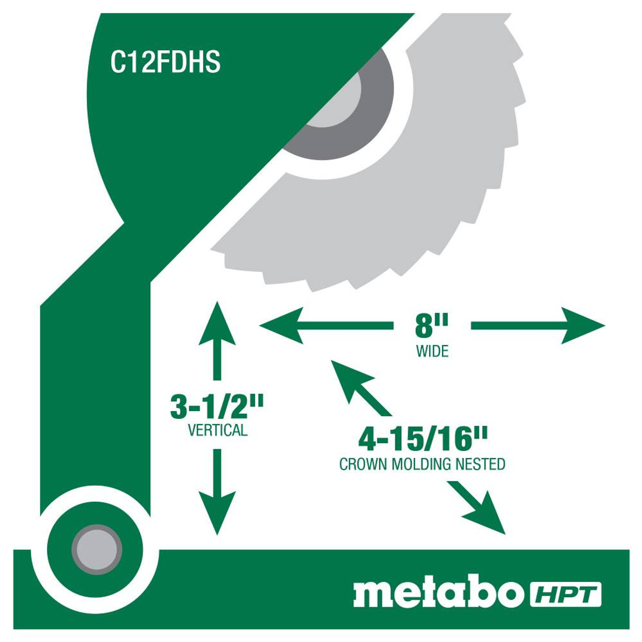 Metabo HPT C12FDHSM 15 Amp 12in Dual Compound Mitre Saw with Laser Marker showing the cutting capacity of the saw Metabo HPT C12FDHSM 15 Amp 12in Dual Compound Mitre Saw with Laser Marker showing the cutting capacity of the saw