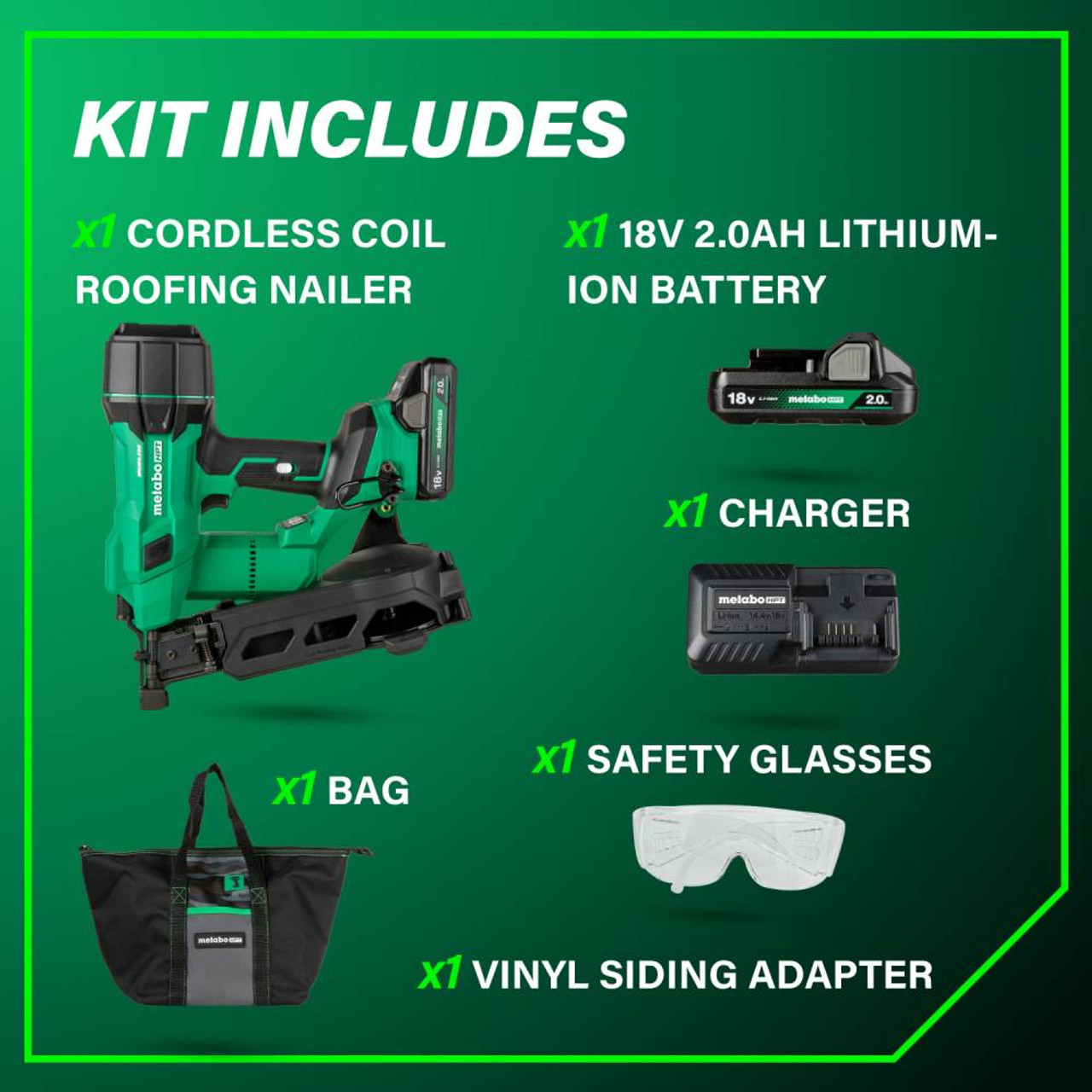Metabo HPT NV1845DAM 18V Cordless Brushless 1-3/4in Coil Roofing Nailer Kit showing inclusions of the kit Metabo HPT NV1845DAM 18V Cordless Brushless 1-3/4in Coil Roofing Nailer Kit showing inclusions of the kit