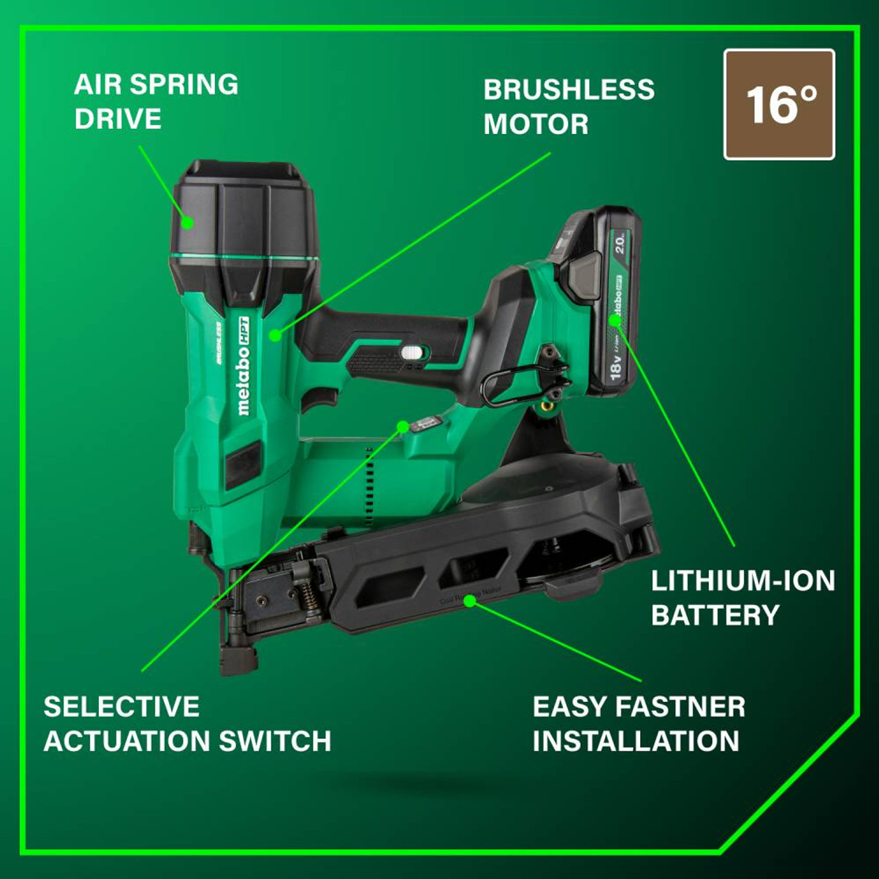 Metabo HPT NV1845DAM 18V Cordless Brushless 1-3/4in Coil Roofing Nailer Kit showing features of the tool Metabo HPT NV1845DAM 18V Cordless Brushless 1-3/4in Coil Roofing Nailer Kit showing features of the tool