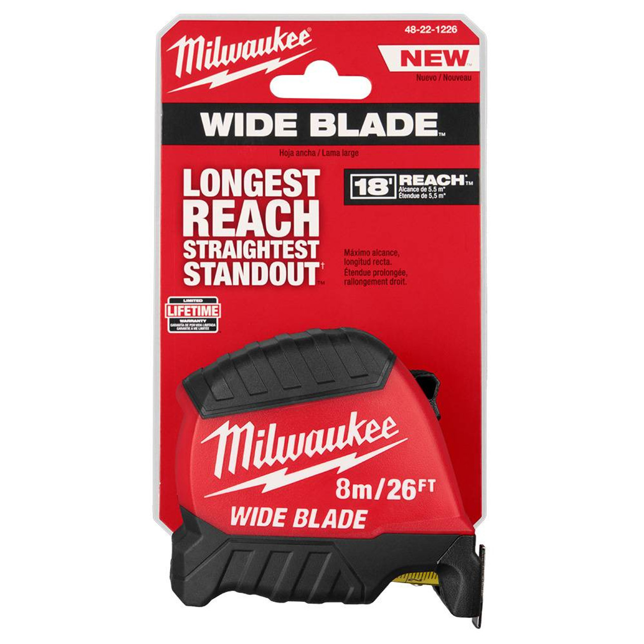 Milwaukee 48-22-1226 8M/26' Wide Blade Tape Measure showing in packaging