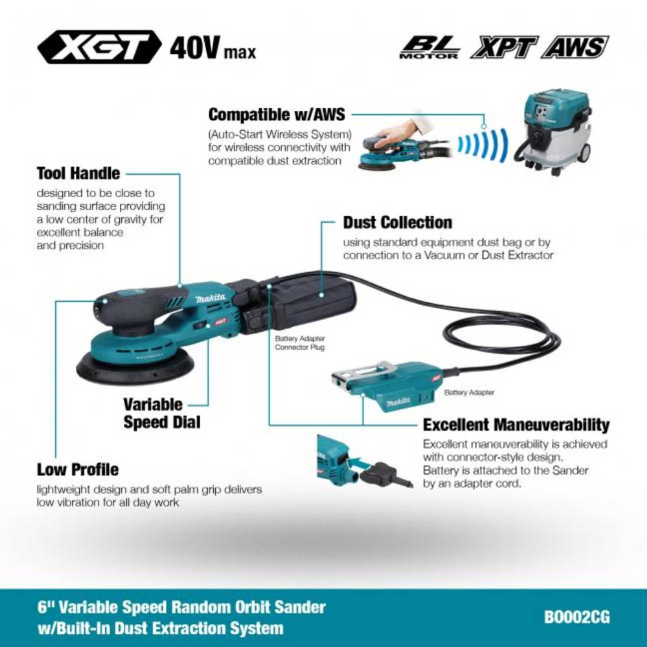Makita BO002CGZ 40V XGT Brushless 6in Random Orbit Sander (Tool Only) showing features of the tool Makita BO002CGZ 40V XGT Brushless 6in Random Orbit Sander (Tool Only) showing features of the tool
