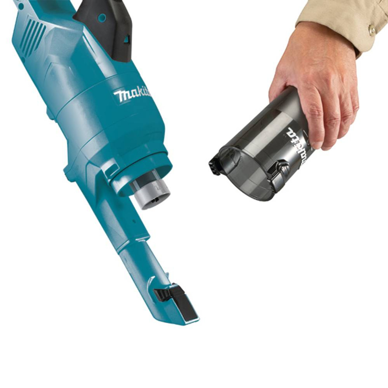 Makita DCL286FZ 18V Brushless 250ml Cyclone Stick Vacuum Cleaner (Tool Only)  showing canister being emptied Makita DCL286FZ 18V Brushless 250ml Cyclone Stick Vacuum Cleaner (Tool Only)  showing canister being emptied