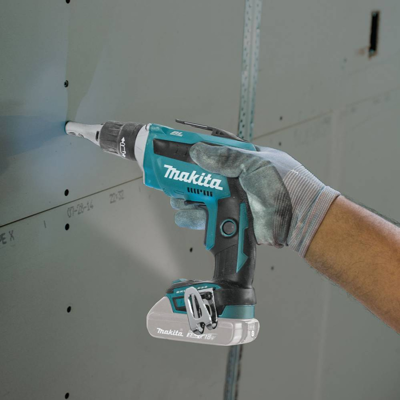 Makita DFS250Z 18V LXT Brushless 1/4in Screwdriver (Tool Only) showing in use attaching drywall onto steel studs (Battery are sold separately) Makita DFS250Z 18V LXT Brushless 1/4in Screwdriver (Tool Only) showing in use attaching drywall onto steel studs (Battery are sold separately)