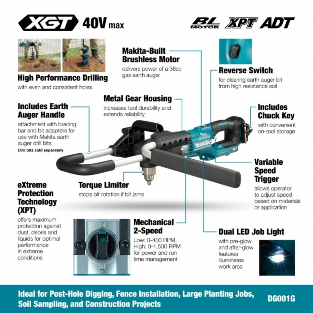Makita DG001GZ05 40V XGT Brushless 1/2in Earth Auger (Tool Only) showing features of the tool Makita DG001GZ05 40V XGT Brushless 1/2in Earth Auger (Tool Only) showing features of the tool