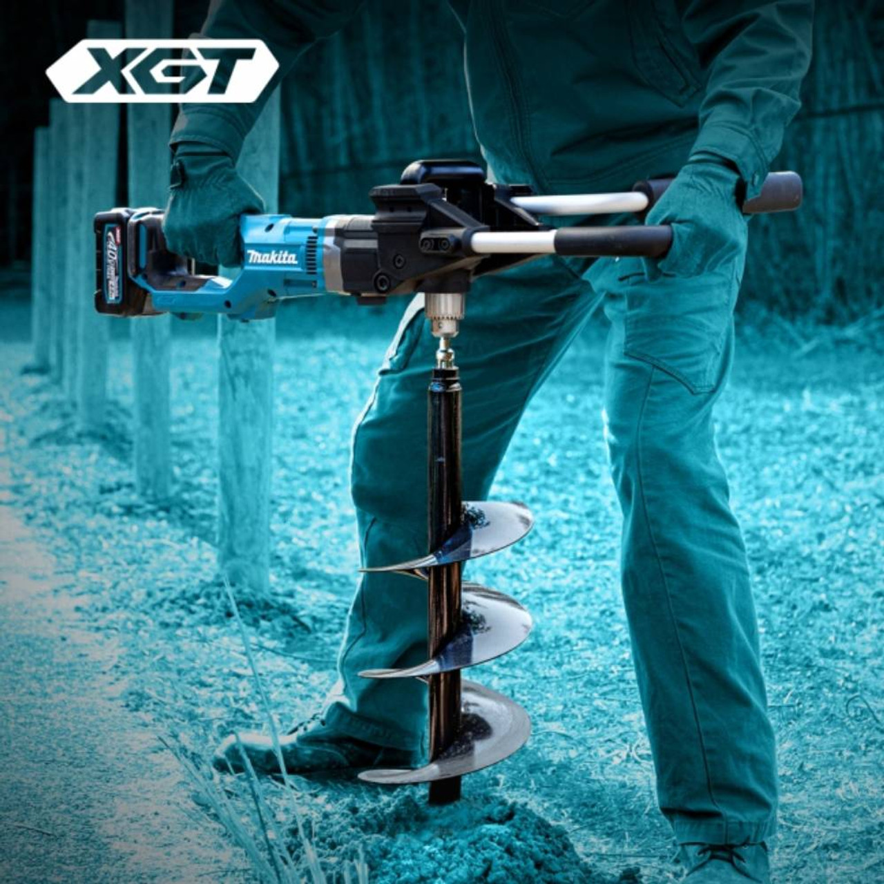 Makita DG001GZ05 40V XGT Brushless 1/2in Earth Auger (Tool Only) showing in use drilling holes in dirt to install fence post (Battery & Bit are sold separately) Makita DG001GZ05 40V XGT Brushless 1/2in Earth Auger (Tool Only) showing in use drilling holes in dirt to install fence post (Battery & Bit are sold separately)