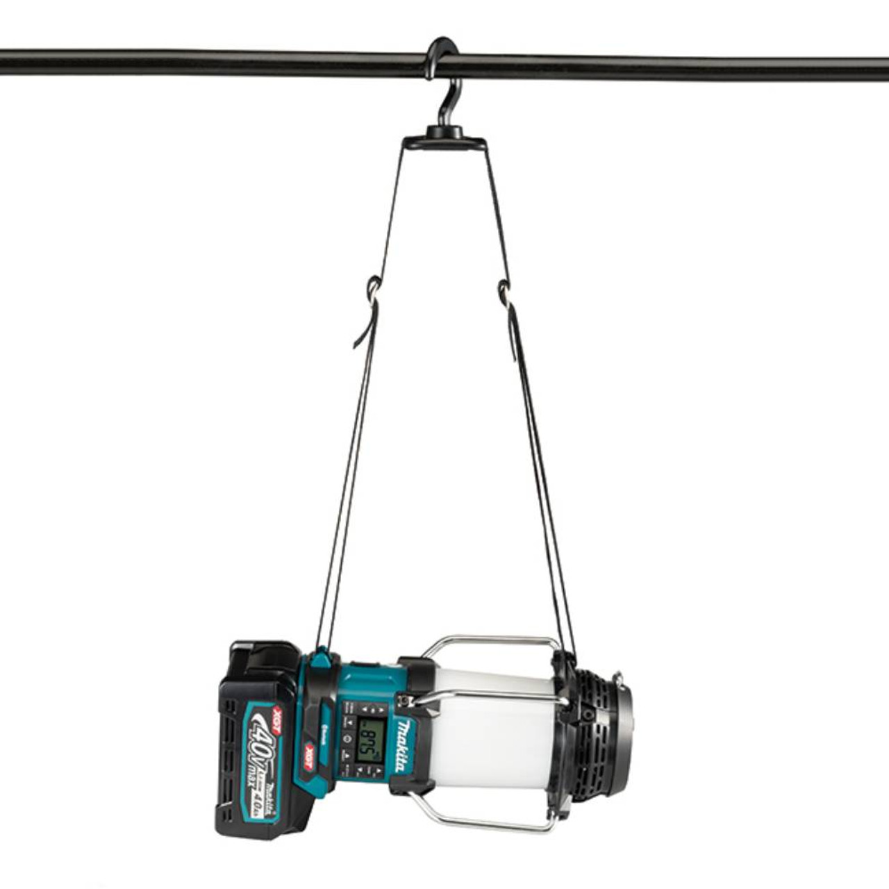 Makita MR010G 40V XGT Cordless Lantern Radio with Bluetooth & Flashlight (Tool Only) showing in use hanging from a pipe with the attachable strap and hook