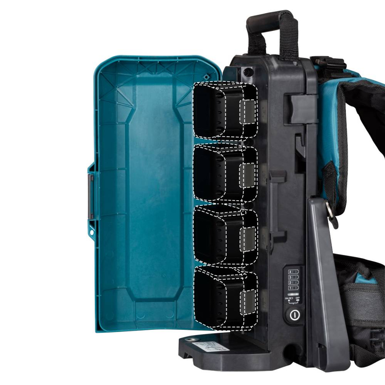 Makita PDC01 18V LXT Portable Backpack Power Supply (Tool Only) showing where the batteries are positioned Makita PDC01 18V LXT Portable Backpack Power Supply (Tool Only) showing where the batteries are positioned