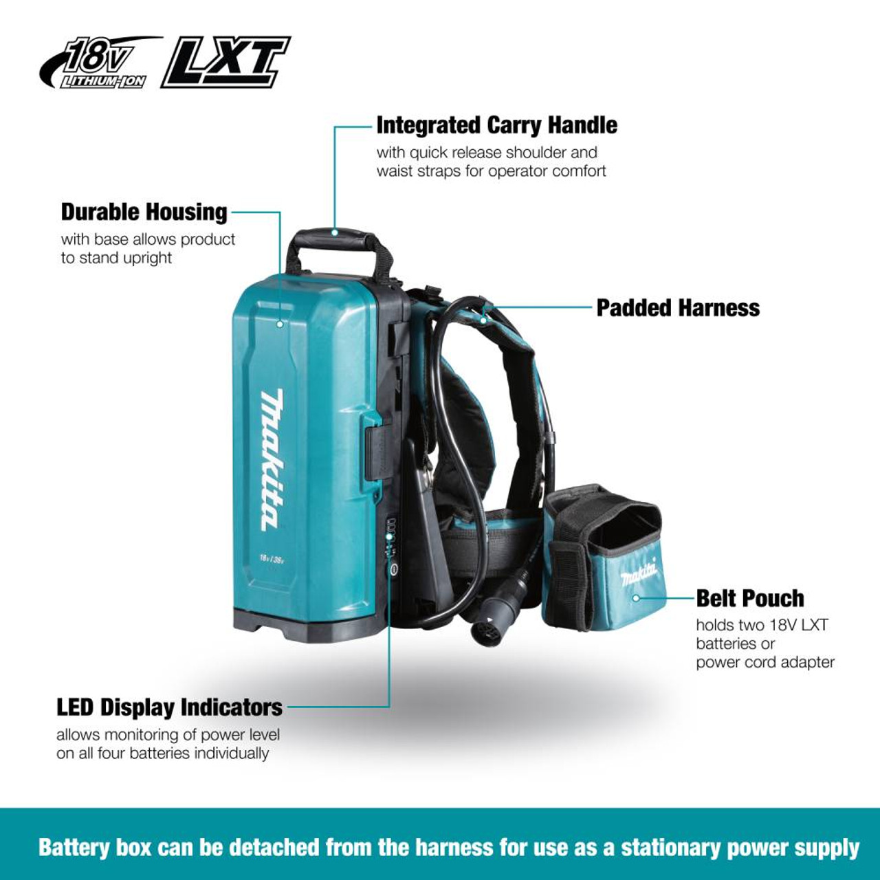 Makita PDC01 18V LXT Portable Backpack Power Supply (Tool Only) showing features of the tool Makita PDC01 18V LXT Portable Backpack Power Supply (Tool Only) showing features of the tool