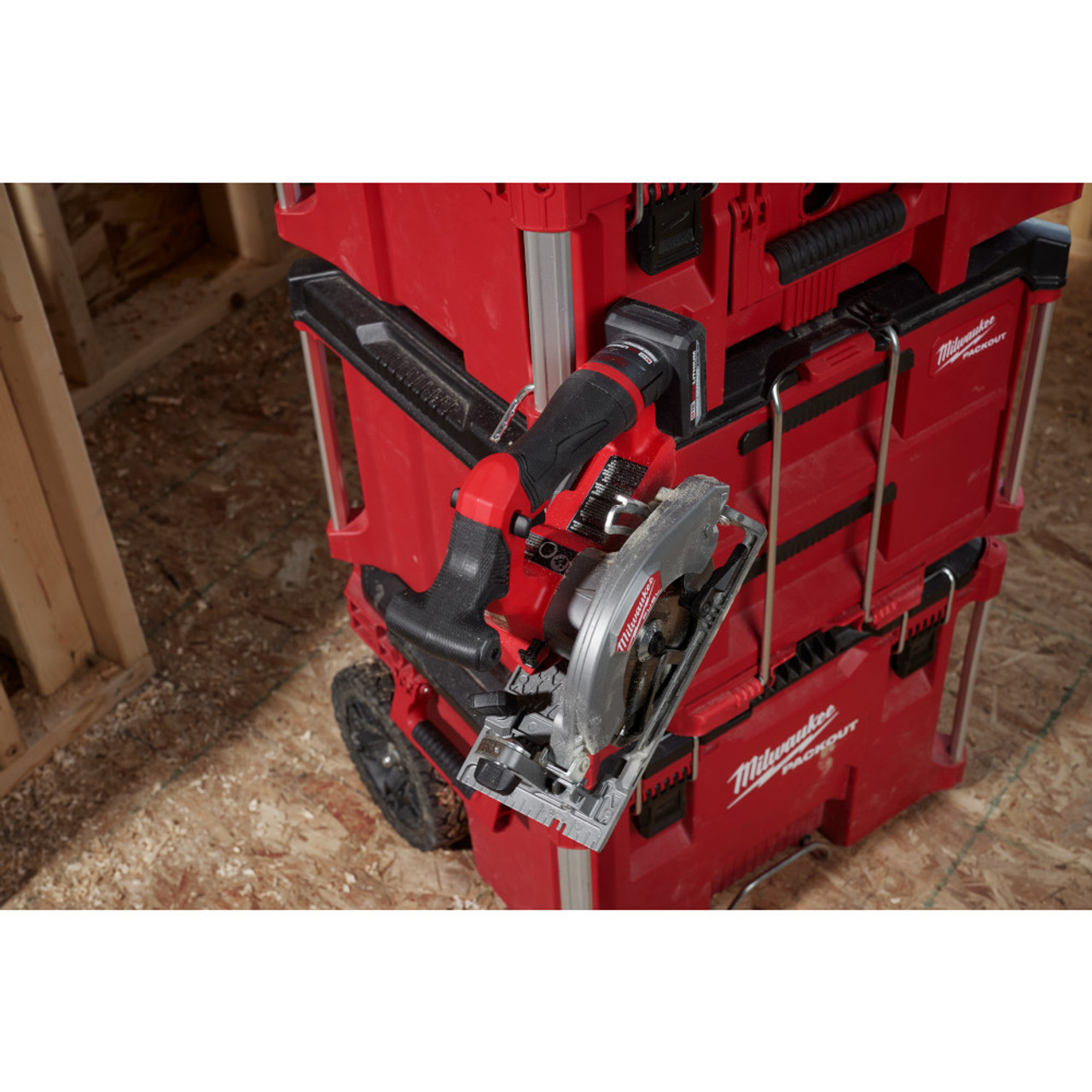 Milwaukee 2521-20 12V FUEL 5-3/8in Circular Saw (Tool Only) showing be hung from adjustable hook