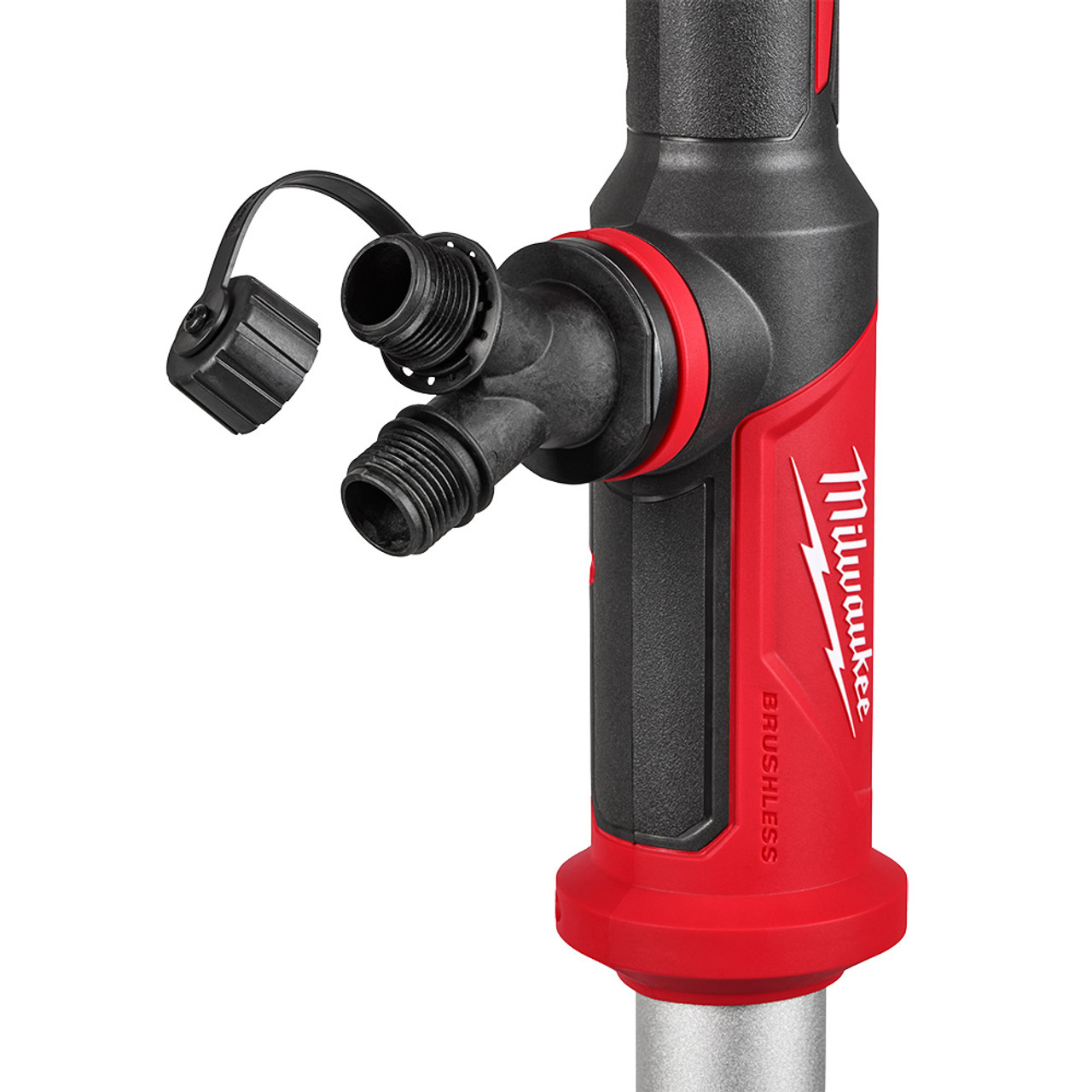 Milwaukee 2940-20 18V Brushless Stick Transfer Pump (Tool Only) showing included adapter attached