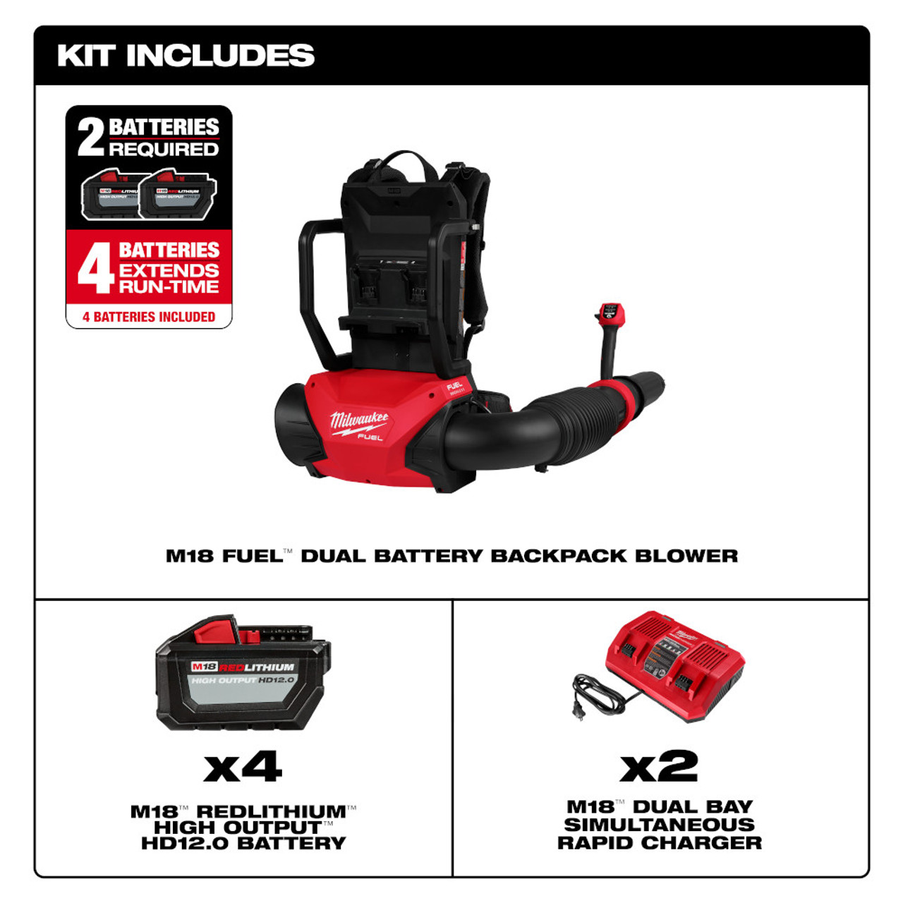 Milwaukee 3009-24HD 18V FUEL Dual Battery Backpack Blower Kit showing inclusions of the kit
