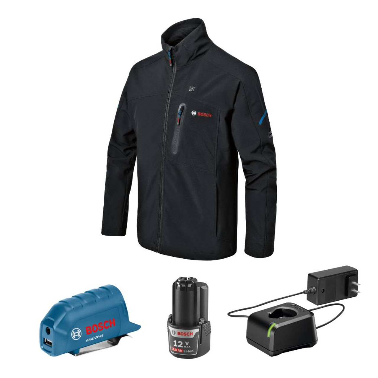 Bosch GHJ12V-20MN12 12V Max Heated Jacket Kit - Medium showing inclusions of the kit