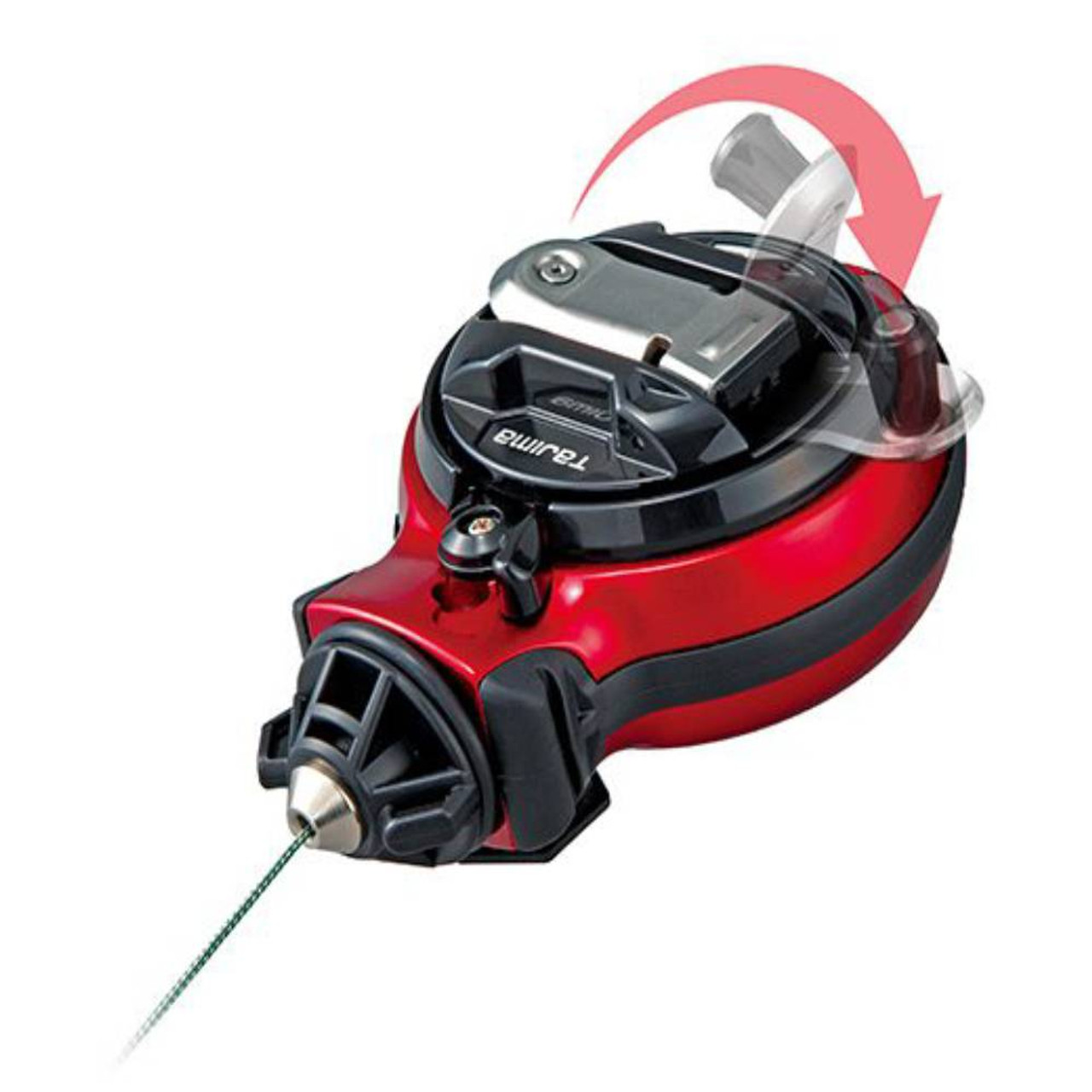 Tajima CR211SFR 100' Chalk-Rite Sturdy Extra Bold Chalk Line Reel - Red showing handle opening
