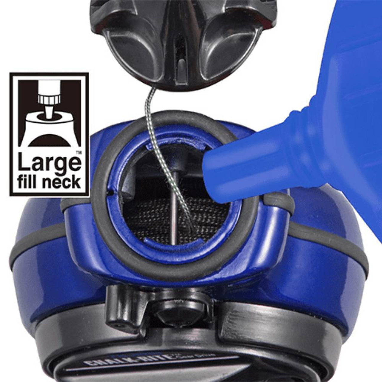 Tajima CR212SFB 100' Chalk-Rite Sturdy Ultra Thin Chalk Line Reel - Blue showing refill port