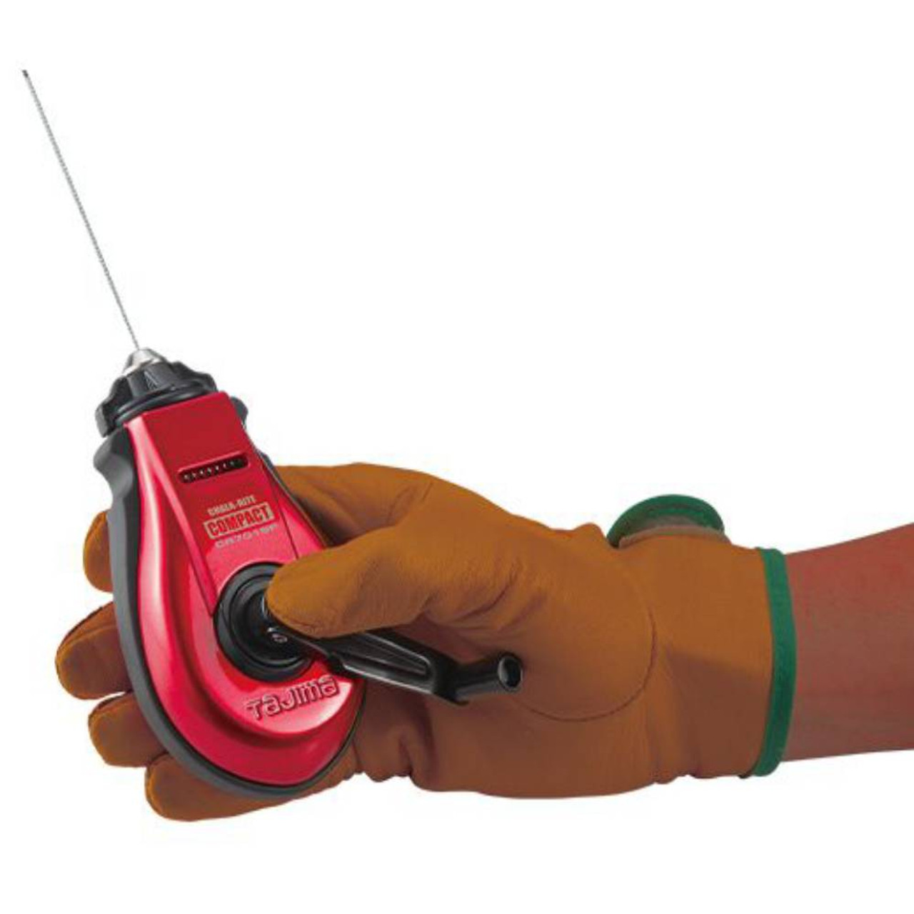 Tajima CR701SFR 50' Chalk-Rite Compact Extra Bold Chalk Line Reel - Red showing being held with string pulled out