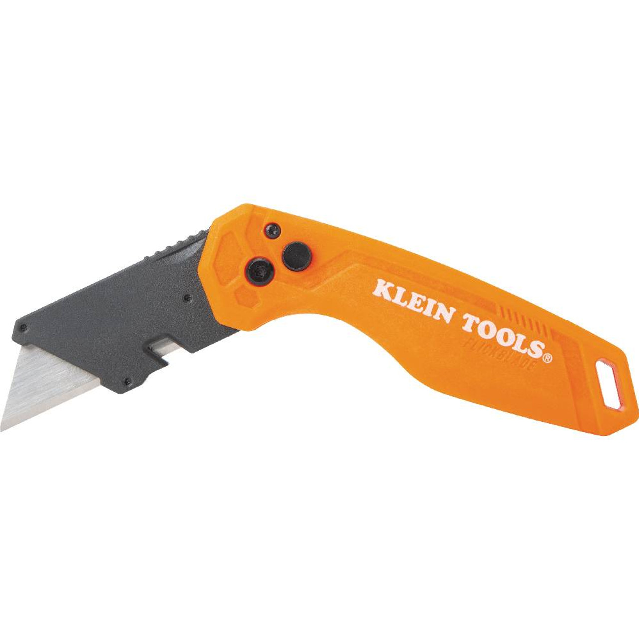 Klein Tools 44302 Foldable Utility Knife showing locked at optional working position Klein Tools 44302 Foldable Utility Knife showing locked at optional working position