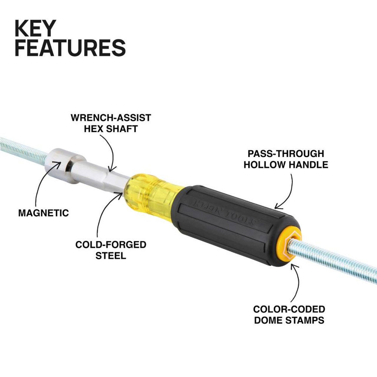 Klein Tools 654-5-16MAG 5/16in Heavy-Duty Color-Coded Magnetic Hollow-Shaft Nut Driver showing features of the nut driver Klein Tools 654-5-16MAG 5/16in Heavy-Duty Color-Coded Magnetic Hollow-Shaft Nut Driver showing features of the nut driver