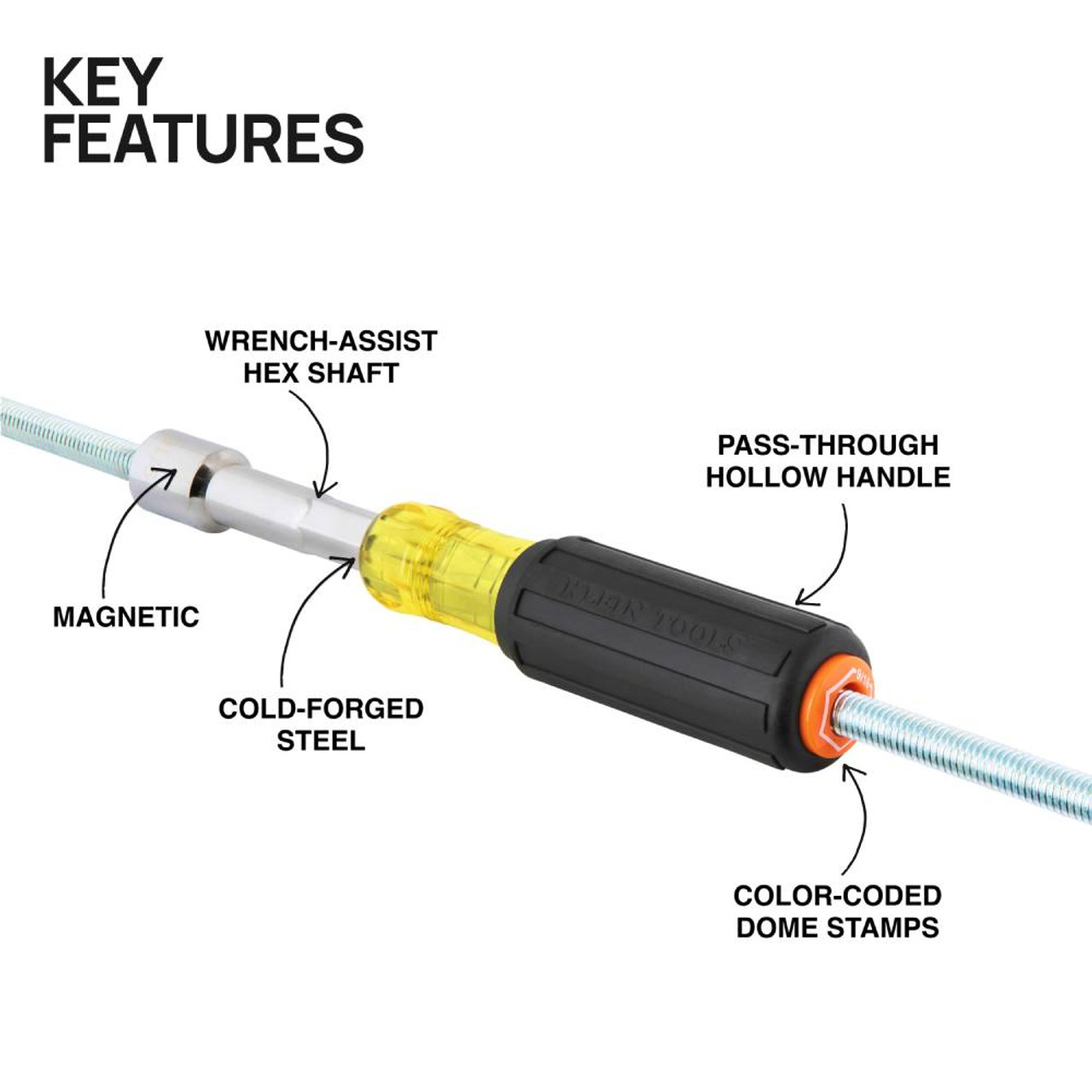 Klein Tools 654-9-16MAG 9/16in Heavy-Duty Color-Coded Magnetic Hollow-Shaft Nut Driver showing features of the nut driver Klein Tools 654-9-16MAG 9/16in Heavy-Duty Color-Coded Magnetic Hollow-Shaft Nut Driver showing features of the nut driver