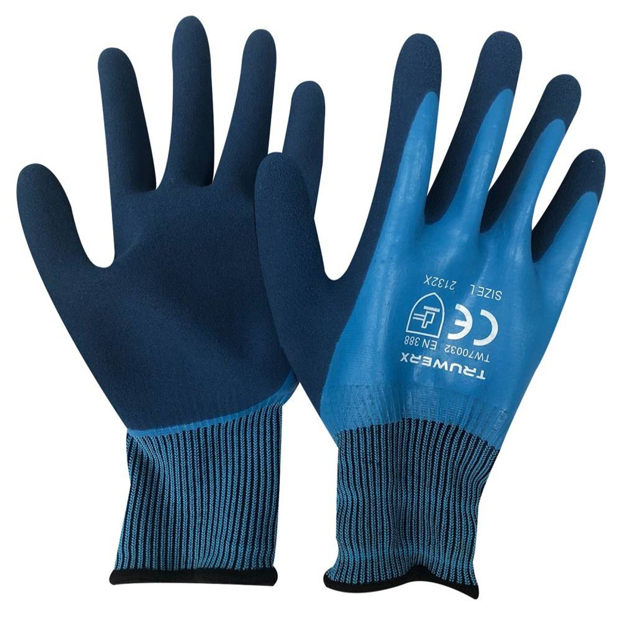 Truwerx 70032 2 Pairs of Blue Waterproof Latex Coated Gardening Gloves - Large