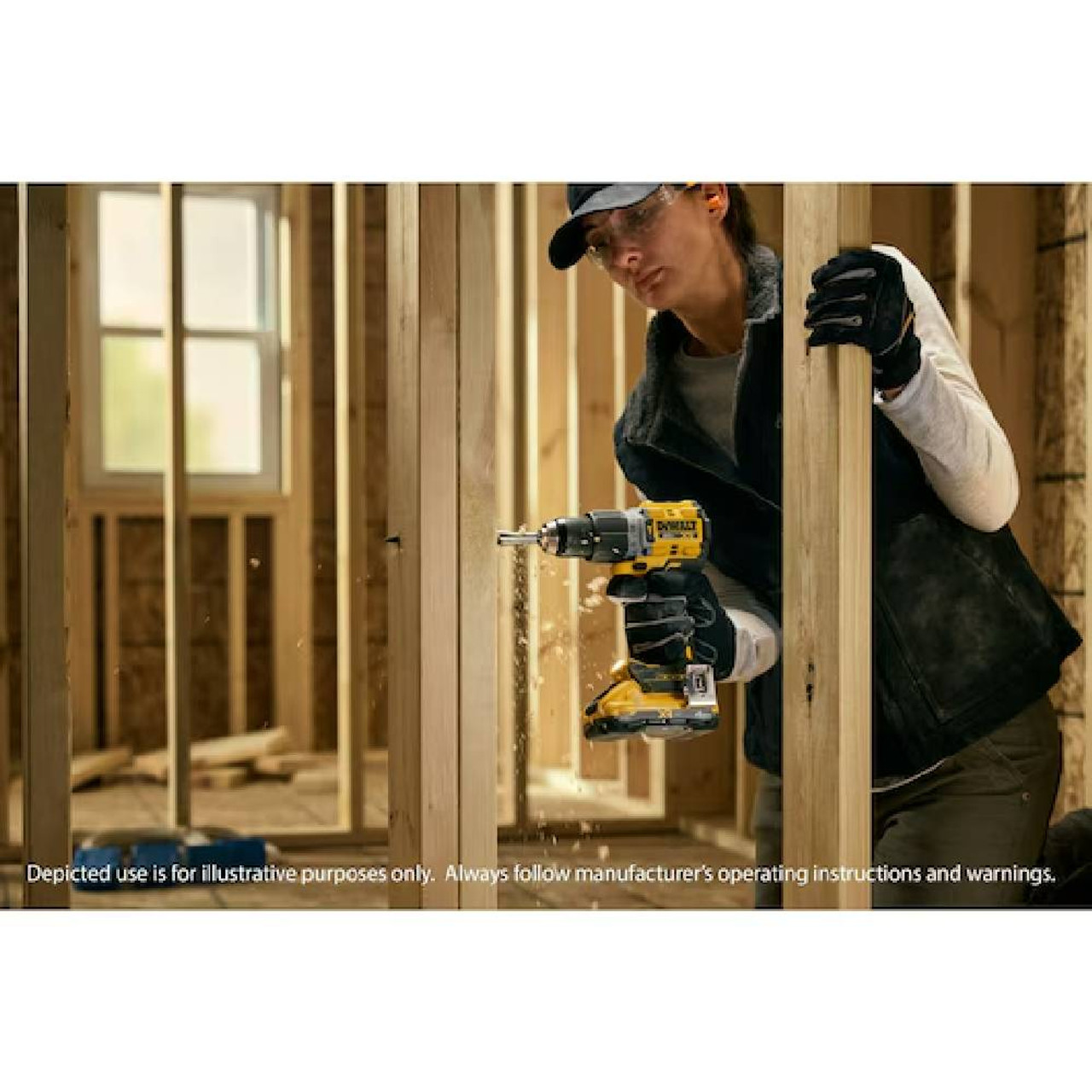 DeWalt DCD806B 20V MAX XR Cordless Cordless 1/2in Hammer Drill/Driver (Tool Only) showing in use drilling through wood studs (Battery and Bit sold separately)