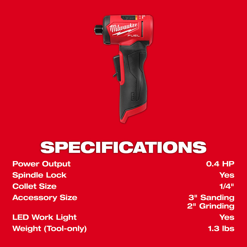 Milwaukee 3485-20 M12 FUEL Cordless 1/4 inch Right Angle Die Grinder (Tool Only) showing specifications