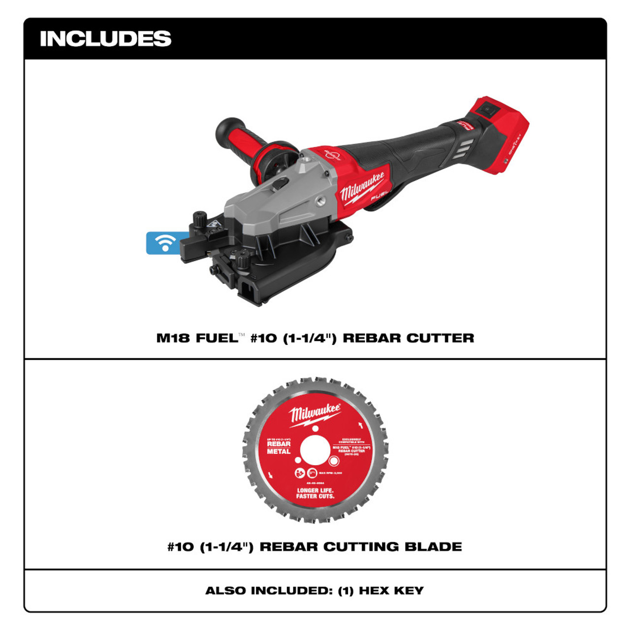 Milwaukee 3675-20 M18 FUEL Cordless Brushless #10 (1-1/4 inch) Rebar Cutter (Tool Only) showing inclusions of the kit showing inclusions of the kit