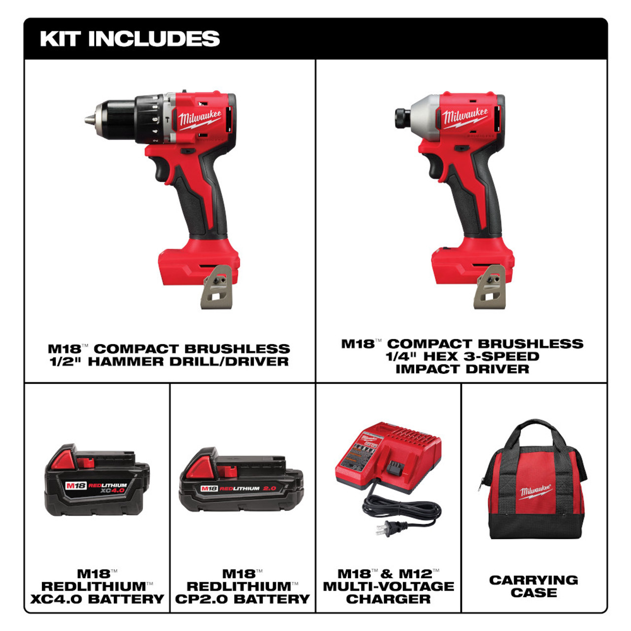Milwaukee 3693-22CX M18 2-Tool Cordless Brushless Compact 1/2 inch Hammer Drill/Driver & 1/4 inch Hex 3-Speed Impact Driver Combo Kit showing inclusions of the kit