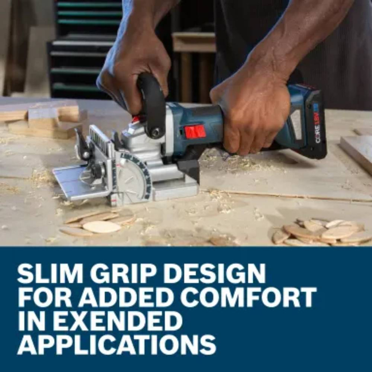 Bosch GFF18V-086N 18V Cordless Brushless Biscuit Joiner (Tool Only) showing jointer being held while talking about about the grip design (Battery sold separately)