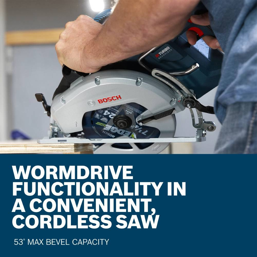 Bosch GKW18V-26N PROFACTOR 18V Cordless Brushless 7-1/4 inch Rear Handle Circular Saw (Tool Only) showing in use cutting through plywood while talking about worm drive motor (Battery sold separately)