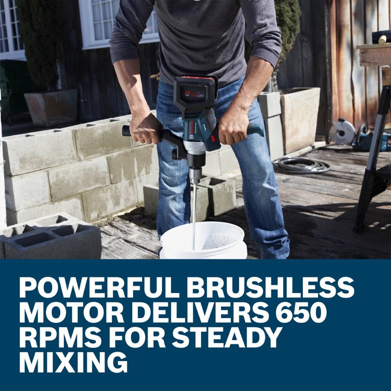 Bosch GRW18V-120N 18V Cordless Brushless 1/2 inch Chuck Mud Mixer (Tool Only) showing in use mixing mortar while talking about the brushless motor (Battery sold separately)