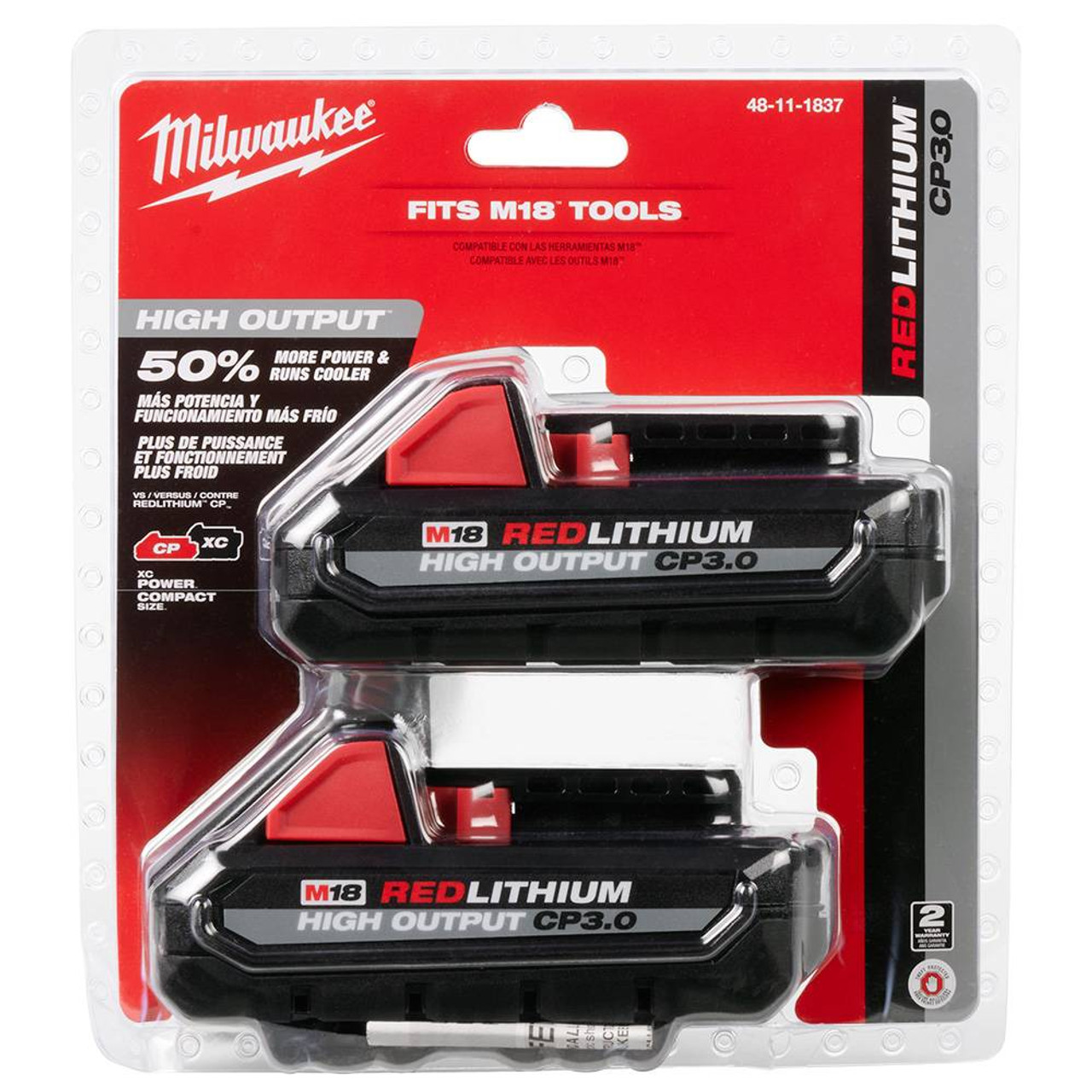 Milwaukee 48-11-1837 M18 REDLITHIUM HIGH OUTPUT CP3.0 Battery - 2pk showing in packaging