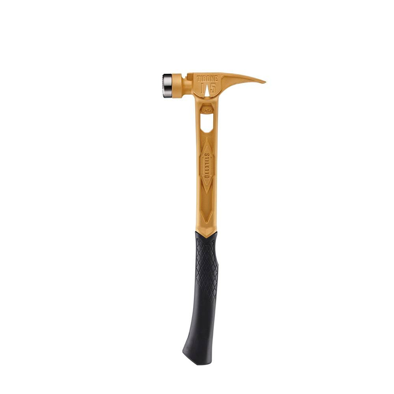Stiletto STTIB15MC-CG 15oz Titanium Milled Face Framing Hammer - Gold showing with black handle installed (handle sold separately) Stiletto STTIB15MC-CG 15oz Titanium Milled Face Framing Hammer - Gold showing with black handle installed (handle sold separately)