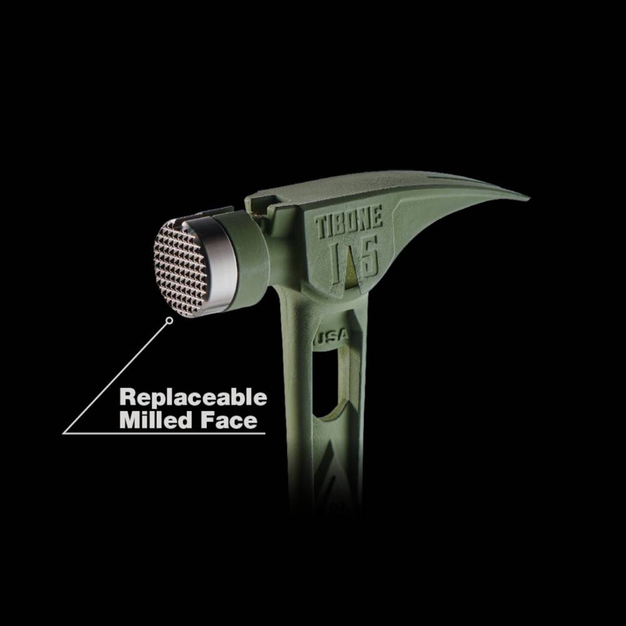 Stiletto STTIB15MC-CGR 15oz Titanium Milled Face Framing Hammer - Green showing replaceable face Stiletto STTIB15MC-CGR 15oz Titanium Milled Face Framing Hammer - Green showing replaceable face