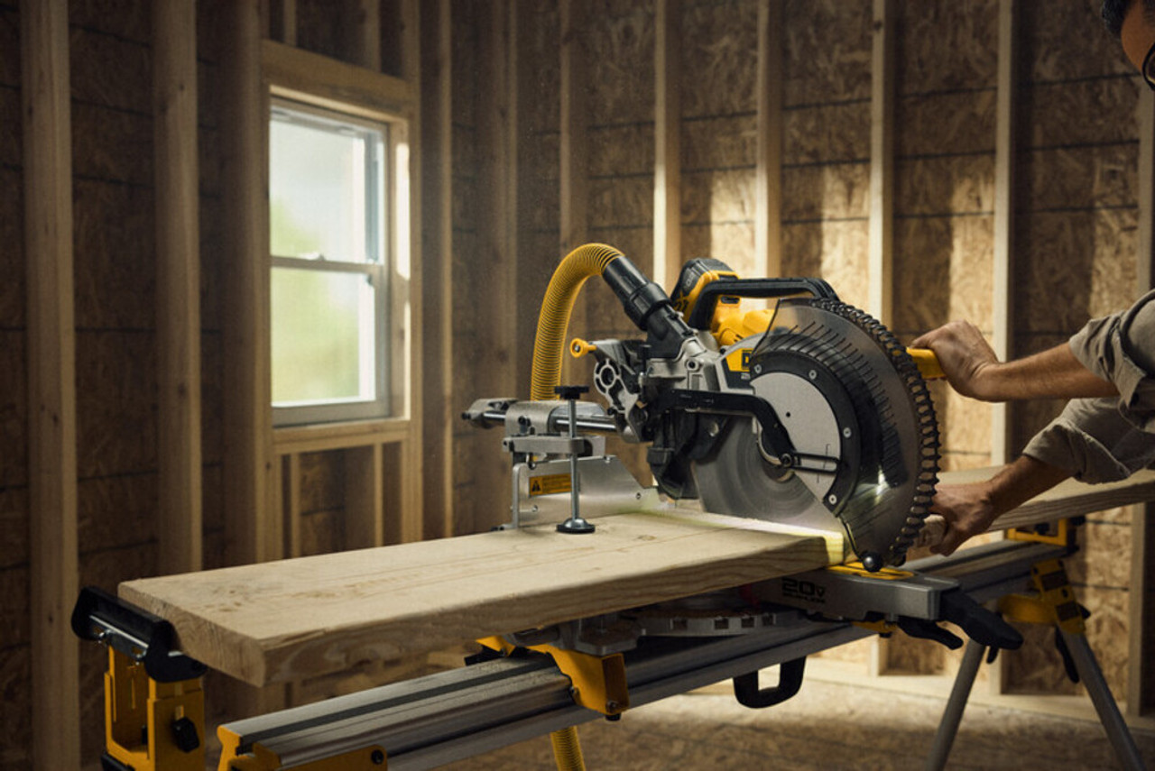 DeWalt DCS785WW1 20V MAX XR Cordless Brushless 12in Double Bevel Sliding Mitre Saw Kit showing in use making a cross cut through dimensional lumber
