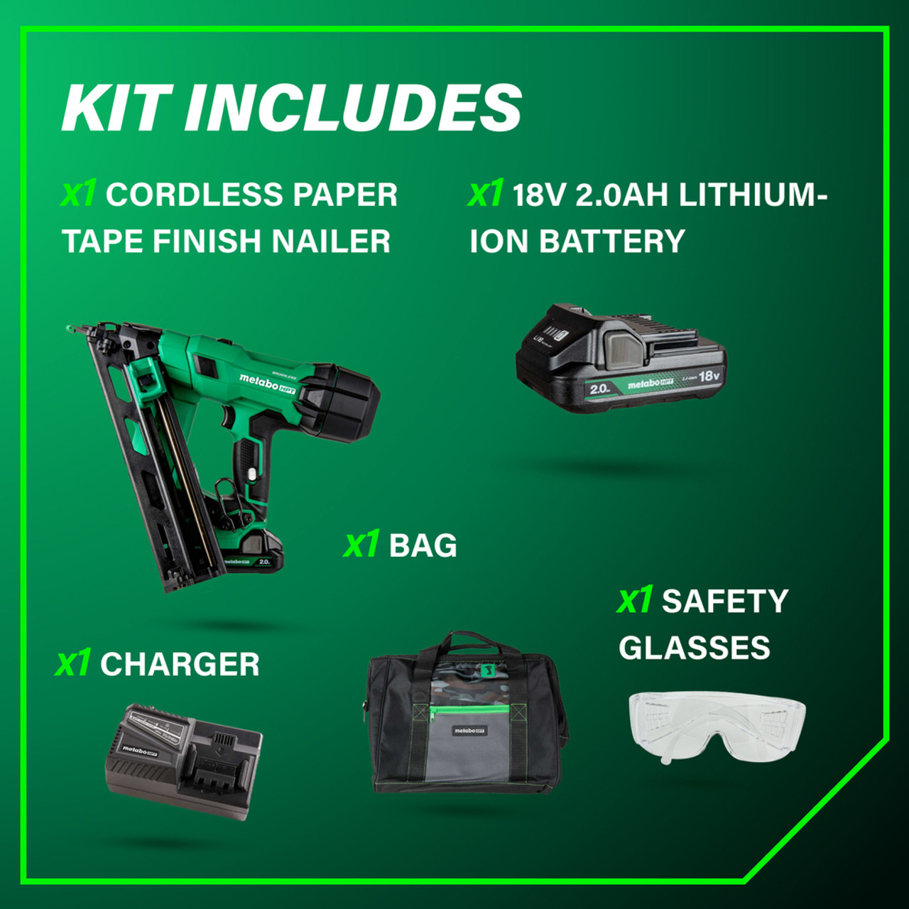Metabo HPT NT1865DMSTM 18V MultiVolt Cordless Brushless 2-1/2in 16-Gauge Straight Finish Nailer Kit showing inclusions of the kit Metabo HPT NT1865DMSTM 18V MultiVolt Cordless Brushless 2-1/2in 16-Gauge Straight Finish Nailer Kit showing inclusions of the kit