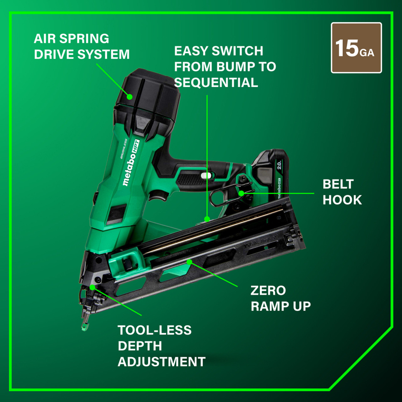 Metabo HPT NT1865DMSTM 18V MultiVolt Cordless Brushless 2-1/2in 16-Gauge Straight Finish Nailer Kit showing features of the finish nailer Metabo HPT NT1865DMSTM 18V MultiVolt Cordless Brushless 2-1/2in 16-Gauge Straight Finish Nailer Kit showing features of the finish nailer