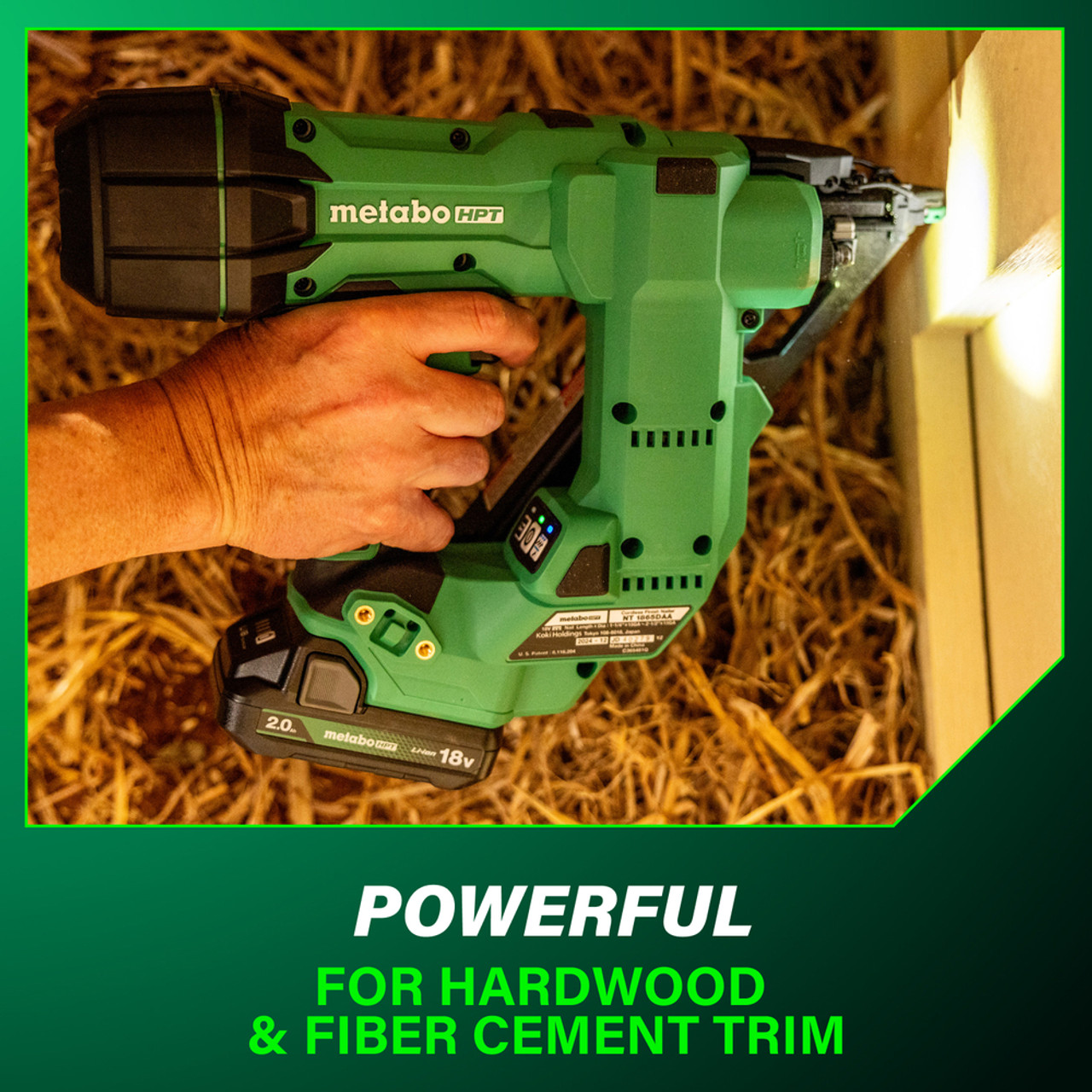 Metabo HPT NT1865DMSTM 18V MultiVolt Cordless Brushless 2-1/2in 16-Gauge Straight Finish Nailer Kit showing in use attaching dimensional lumber to a wall while talking about the power of the nailer Metabo HPT NT1865DMSTM 18V MultiVolt Cordless Brushless 2-1/2in 16-Gauge Straight Finish Nailer Kit showing in use attaching dimensional lumber to a wall while talking about the power of the nailer