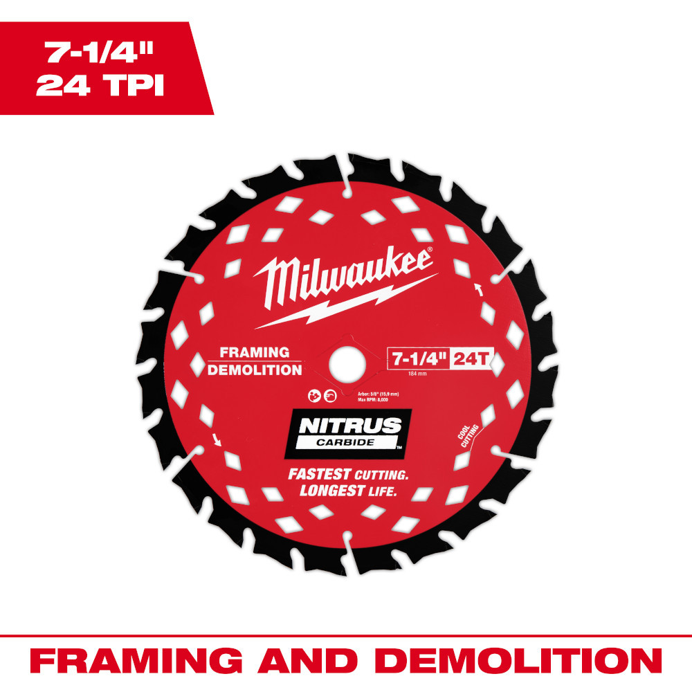Milwaukee 48-41-0750 7-1/4 inch24T NITRUS Carbide Framing & Demolition Circular Saw Blade