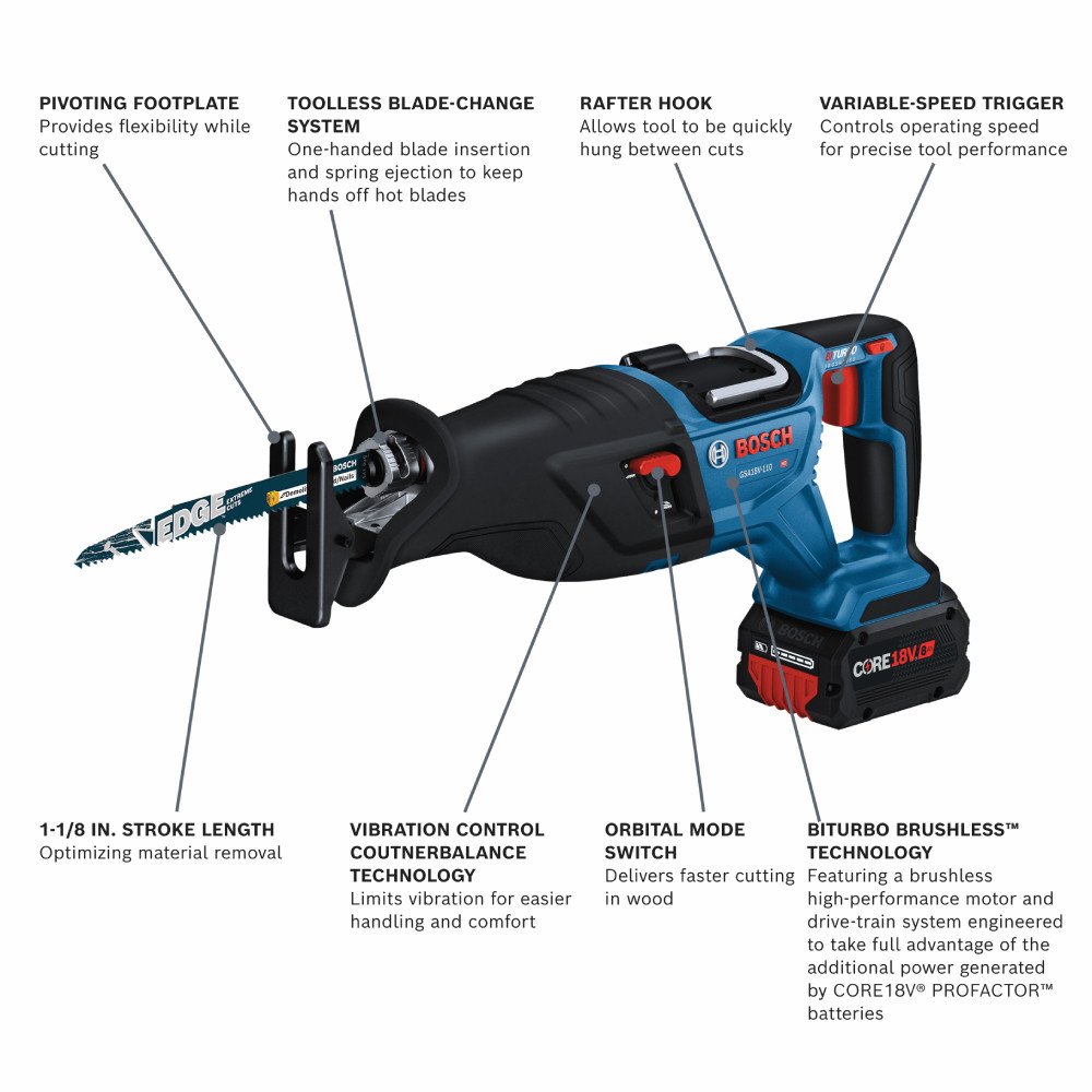 Bosch GSA18V-110B14 PROFACTOR 18V Cordless Brushless 1-1/8 inch Reciprocating Saw Kit