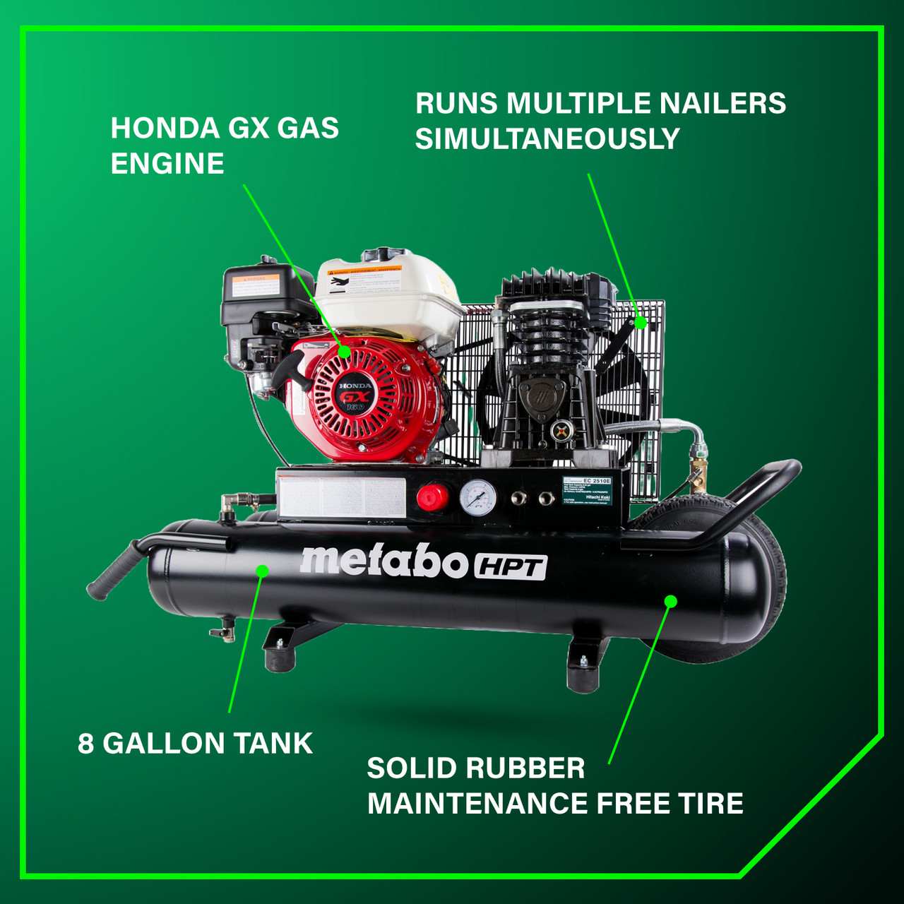 Metabo HPT EC2510EM 5.5 Net HP 8-Gallon Gas Powered Wheeled Air Compressor