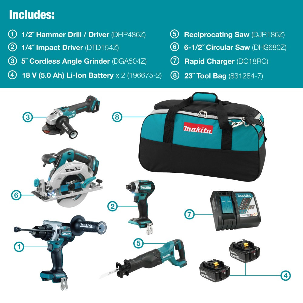 Makita DLX5077TX1 18V LXT 5-Tool Cordless Recip Saw / 1/2in. Hammer Drill/Driver / 1/4in. Impact Driver / 6-1/2in. Circular Saw / 5in. Angler Grinder Combo Kit