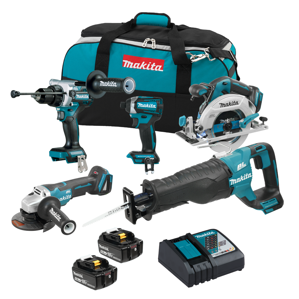 Makita DLX5077TX1 18V LXT 5-Tool Cordless Recip Saw / 1/2in. Hammer Drill/Driver / 1/4in. Impact Driver / 6-1/2in. Circular Saw / 5in. Angler Grinder Combo Kit