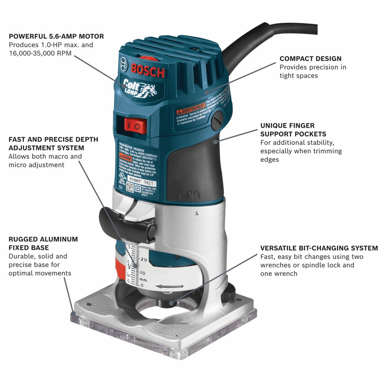Bosch PR20EVS Colt 1.0 HP Electronic Variable-Speed Palm Router