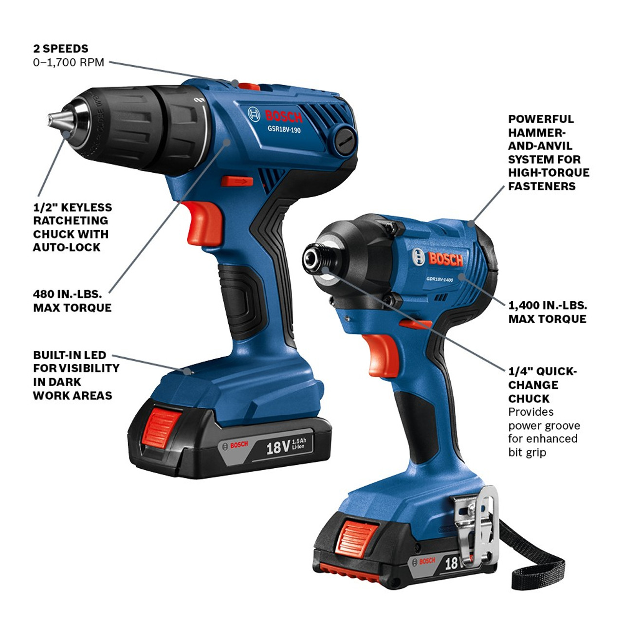 Bosch GXL18V-26B22 18V 2-Tool Combo Kit - Compact 1/2 inch Drill/Driver and 1/4 inch Hex Impact Driver