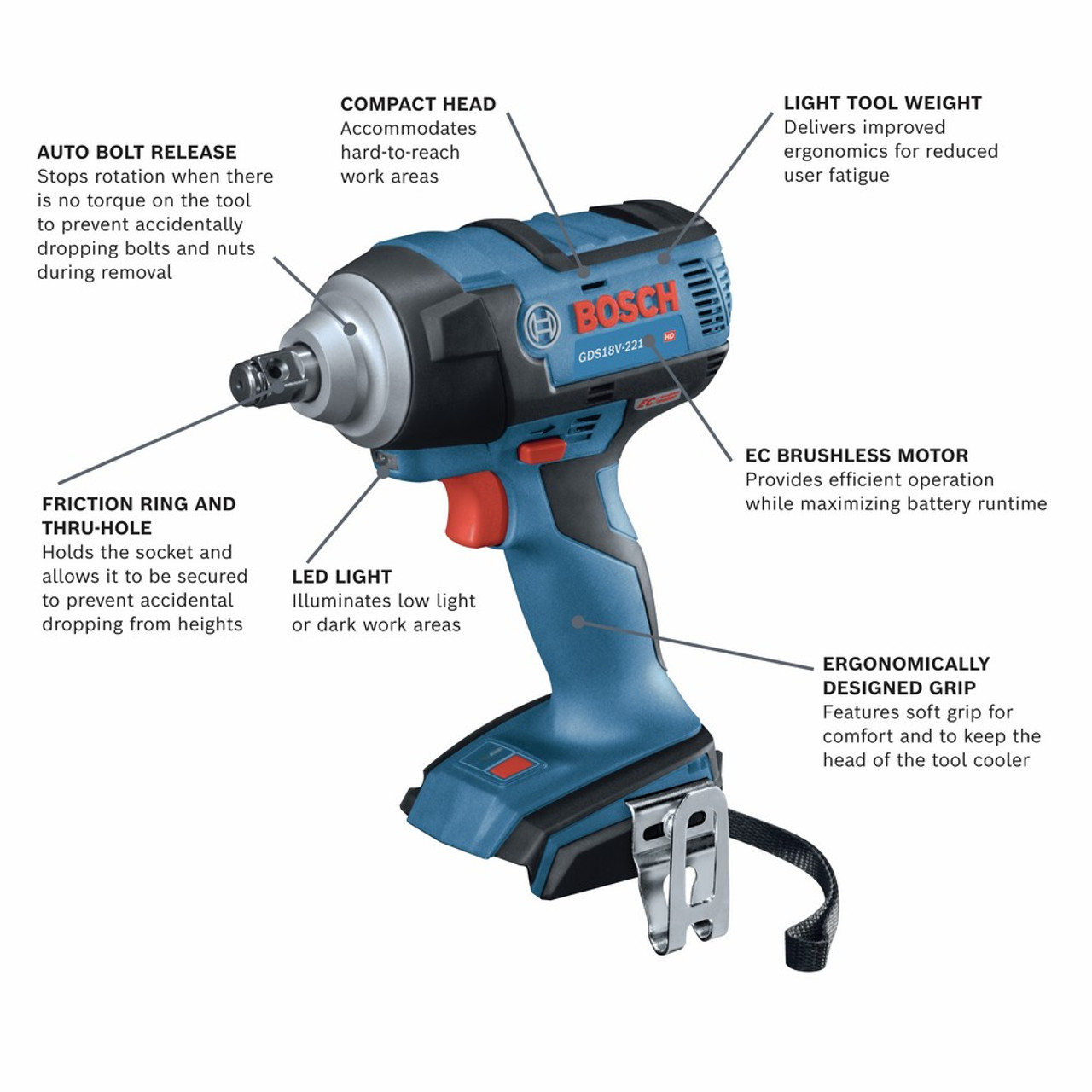 Bosch GDS18V-221N  18V EC Brushless 1/2 inch Impact Wrench with Friction Ring and Thru-Hole (Tool Only) Bosch GDS18V-221N  18V EC Brushless 1/2 inch Impact Wrench with Friction Ring and Thru-Hole (Tool Only)