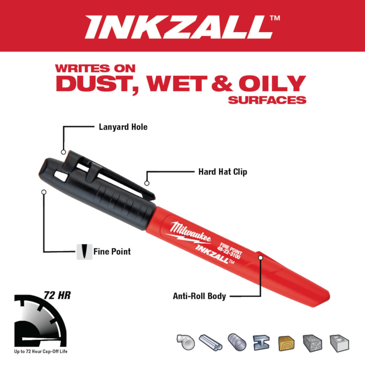 Milwaukee 48-22-3106 INKZALL Fine Point Coloured Jobsite Markers - 4pk Milwaukee 48-22-3106 INKZALL Fine Point Coloured Jobsite Markers - 4pk
