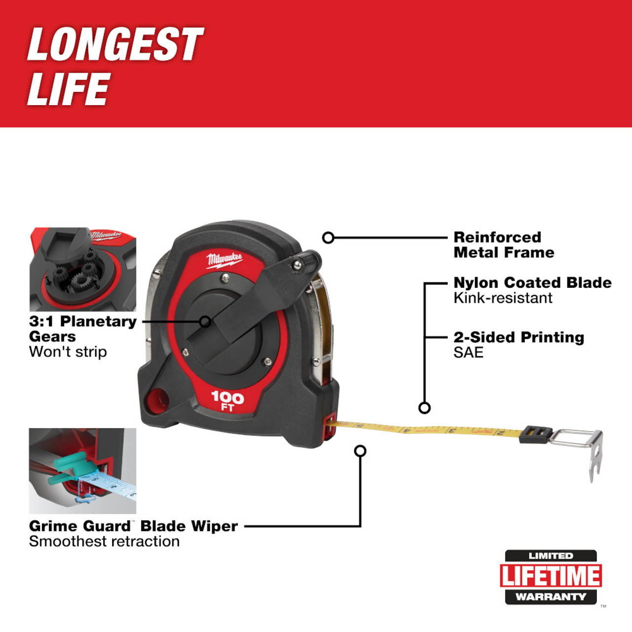 Milwaukee 48-22-5101 100 ft. Closed Reel Long Tape Measure Milwaukee 48-22-5101 100 ft. Closed Reel Long Tape Measure