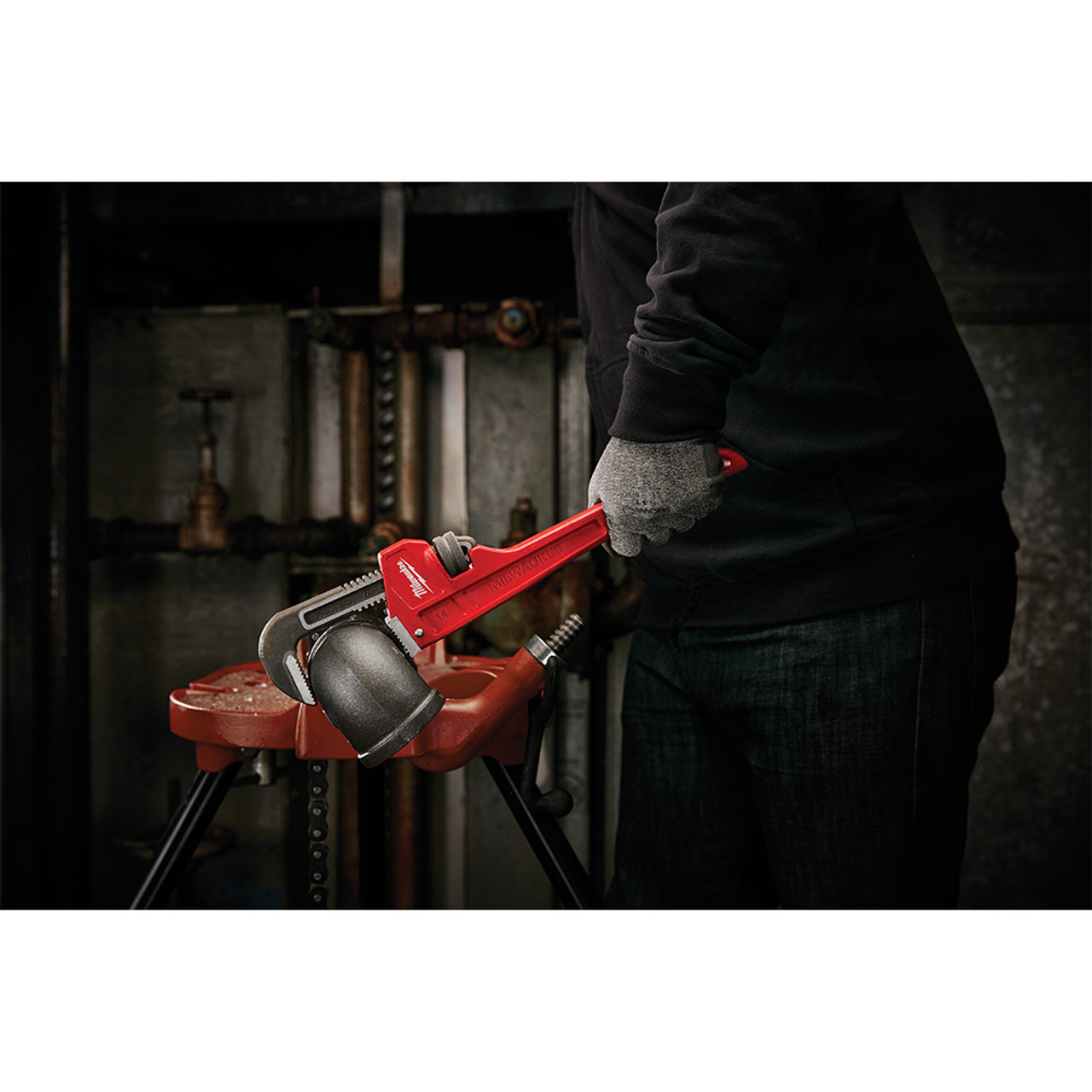 Milwaukee 48-22-7114 14-inch Steel Pipe Wrench tightening piping